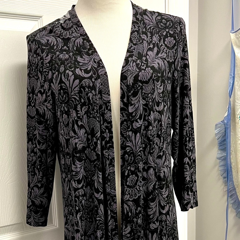 Soma ultrasoft long cardigan open front large black gray print tunic length